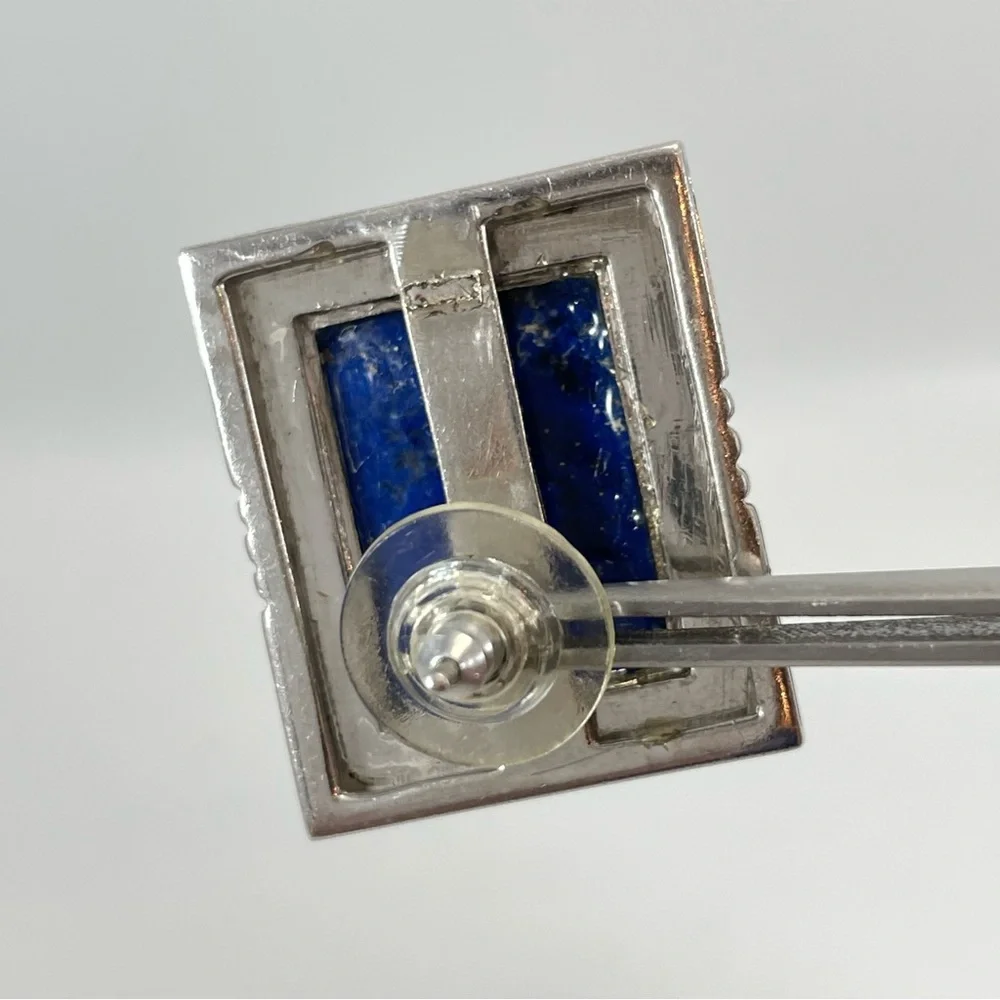 Vintage Sterling Silver Framed Lapis Lazuli Geometric Pierced Earrings Art Deco